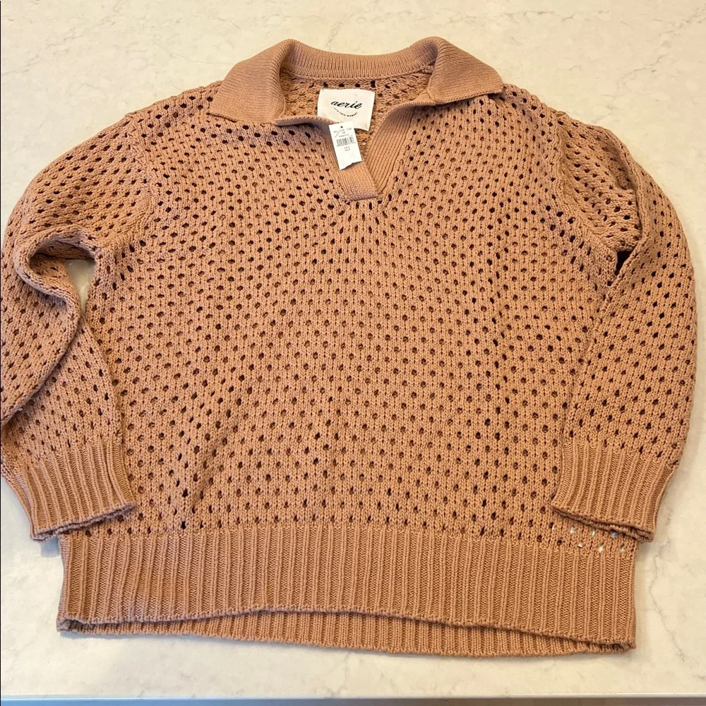 Aerie NWT Oversized Open Knit Polo Sweater in Tan 100% Cotton Size Small - Picture 4 of 9